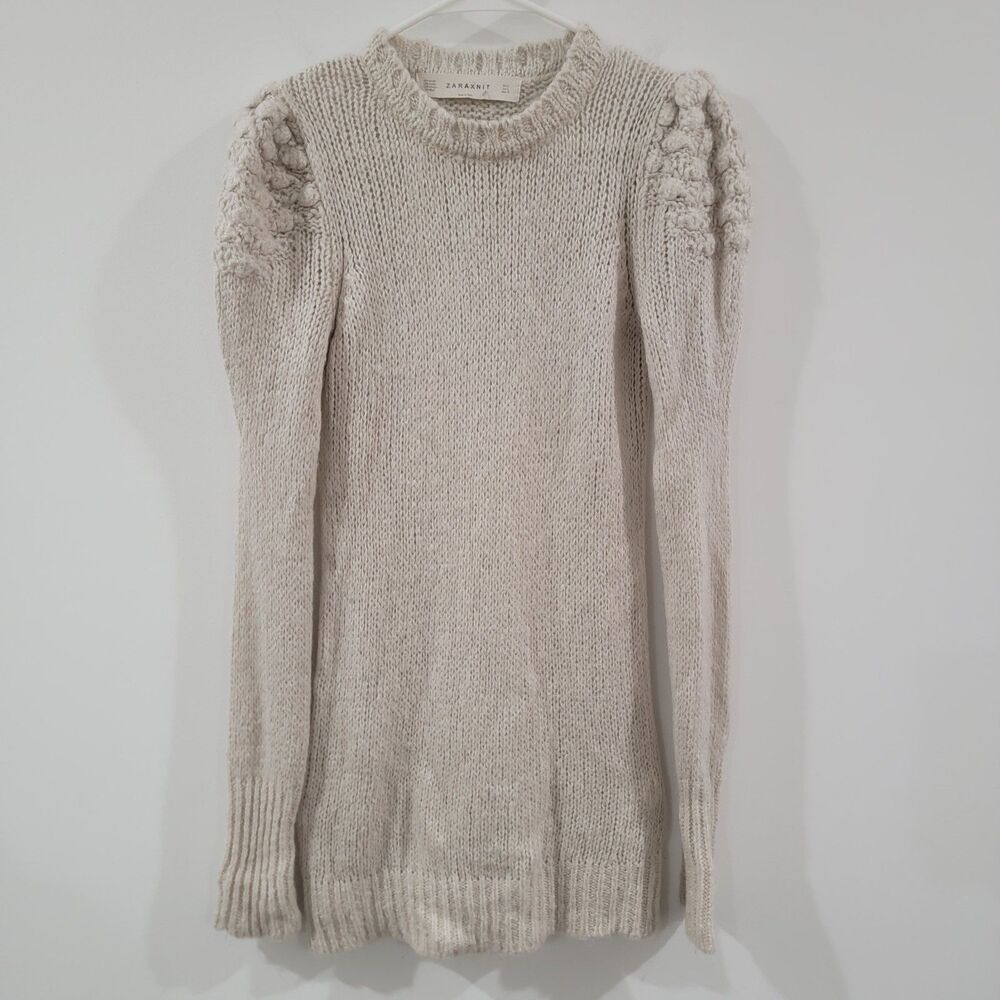 Zara Knit Womens Sweater Mini Dress Size‎ Large Ivory Mohair Wool Granola Girl